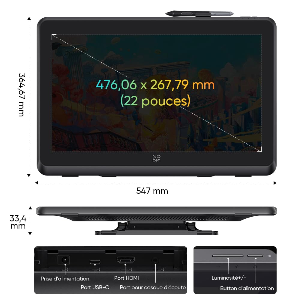 XPPen Artist 22 Plus Tablette Graphique, Tablette Dessin Graphique avec Écran 21,5 Pouces, Stylet à 16K Niveaux de Pression, 130% sRGB, Compatible avec Windows macOS 10.10 Chrome OS 88 Android Linux