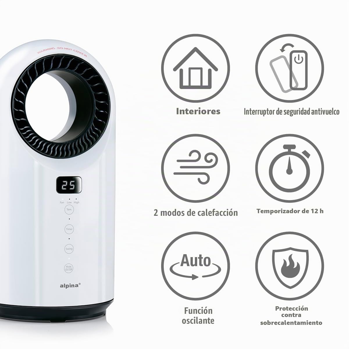 alpina Calefactor eléctrico y ventilador de 1500 W – Radiador de cerámica con temporizador y mando a distancia – Radiador oscilante con función de refrigeración y calefacción – 18 x 18 x 37 cm