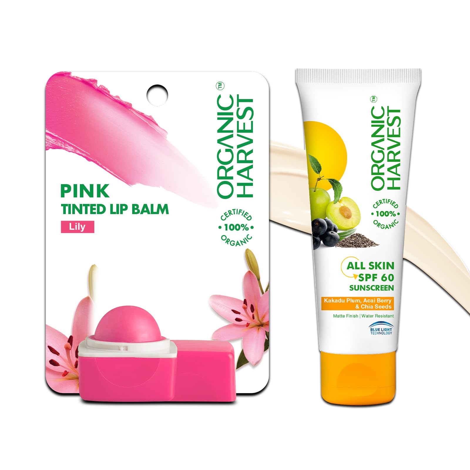 Organic Harvest All Skin SPF 60 Sunscreen with Organic Harvest Pink Tinted Lip Balm For Men/Women | Kakadu Plum, Acai Berry & Chia Seeds -100% Certified Organic -100% Transparent