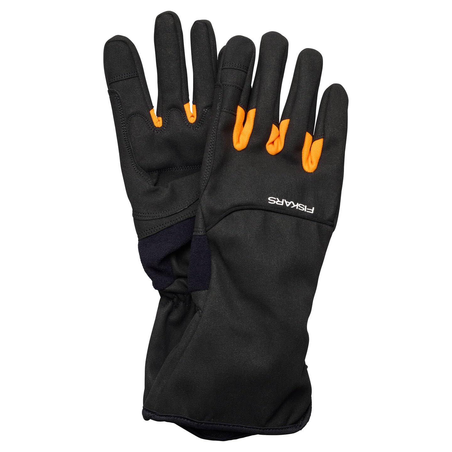 Fiskars Guantes para el Cuidado de Arbustos, Guantes de Trabajo para el Jardín, Pulgares y Puntas de los Dedos Compatibles con Pantallas Táctiles, Imitación de Cuero, Talla 10, Negro/Naranja, 1071153