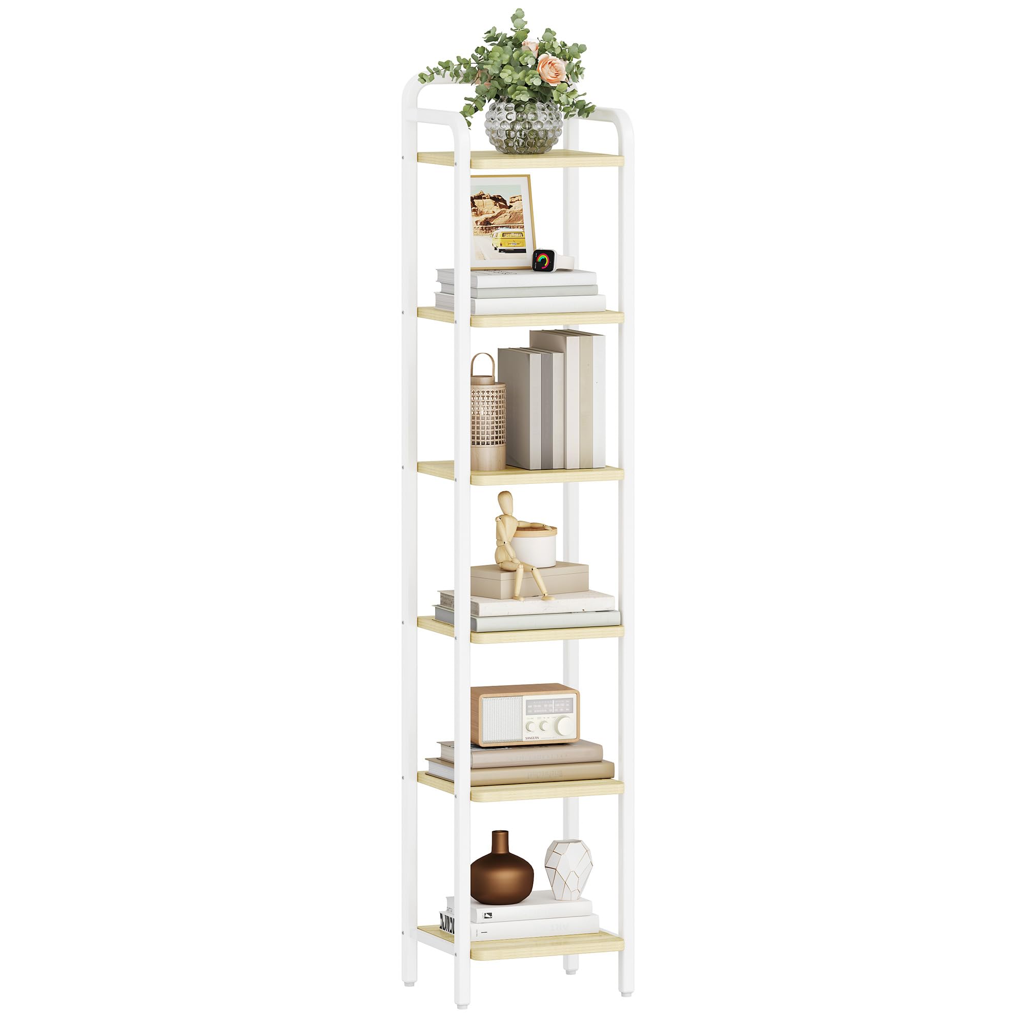 Hzuaneri Regal, Bücherregal, Standregal, Schmales Regal mit 6 Ebenen, Schmales Büroregal, Eckregal für Büro, Wohnzimmer, Schlafzimmer, Küche, 30 x 33 x 166 cm, Weißeiche und Weiß BC24616W