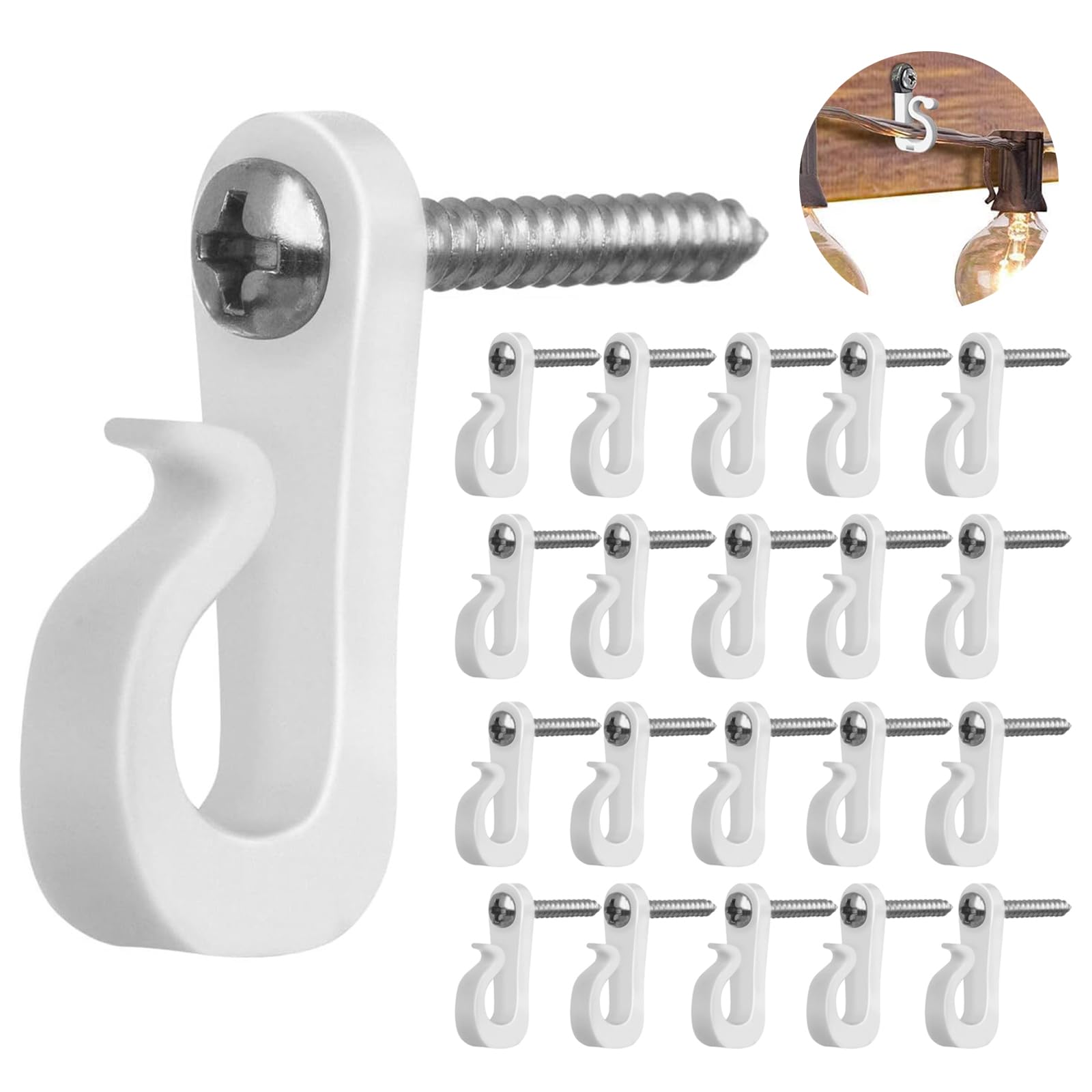 SuerZaroQ-Hanger Screw Hooks, Screw in Hooks for Indoor and Outdoor, Lights Hanger Hooks with Drill Bit Q-Hanger Hooks for Outdoor String Lights, 20 Pack