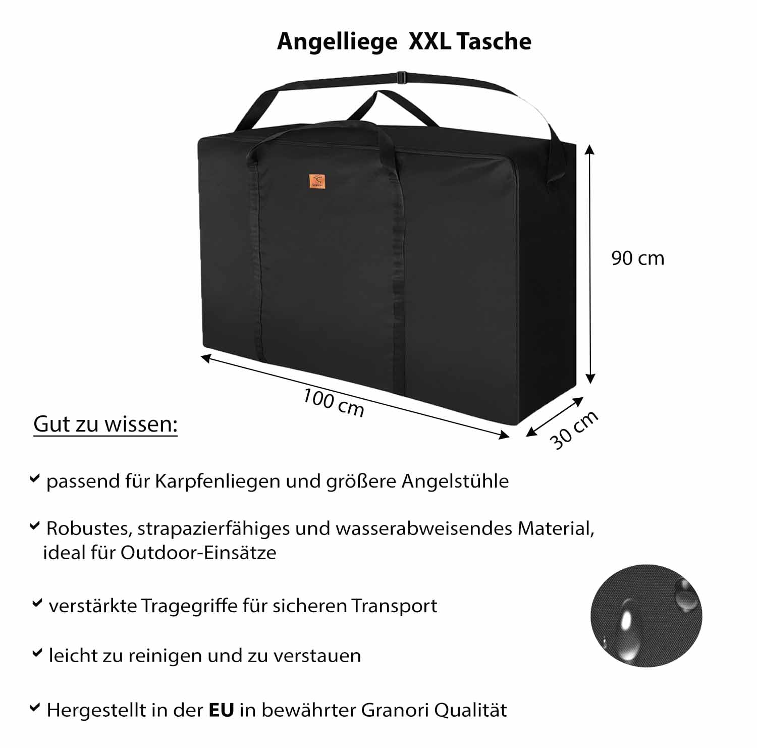 XXL Liegentasche | Angelliege/Karpfenliege Tasche 100x90 cm mit Schultergurt für einfachen Transport – extra viel Platz, robust, wasserabweisend; große Kofferöffnung für leichtes Befüllen
