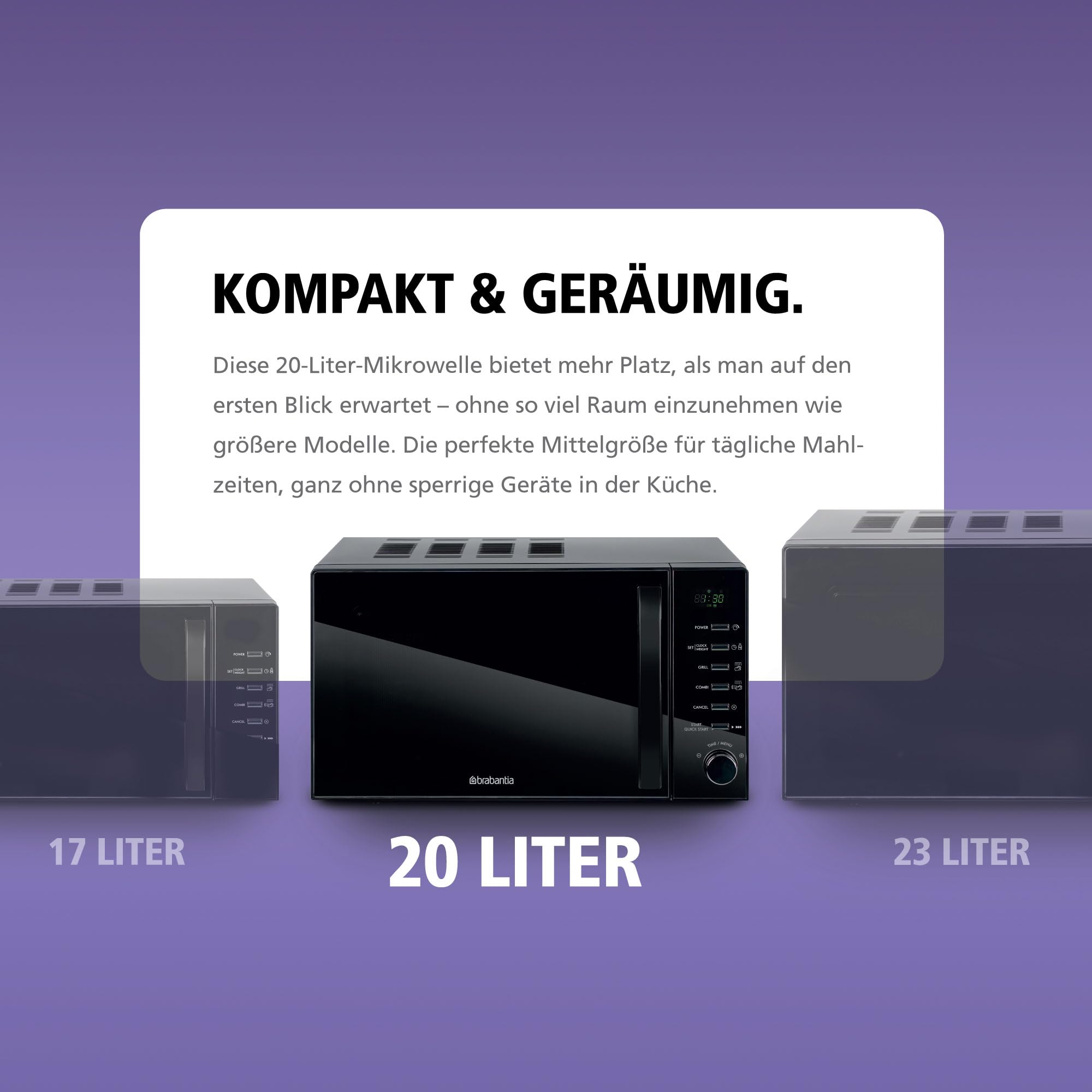Brabantia Mikrowelle mit Grillfunktion, 20 Liter, 700W, Freistehend, 13 Automatikprogramme, 6 Leistungsstufen, Digitaler Timer, Große Kapazität, Schwarz, BBEK1145DG