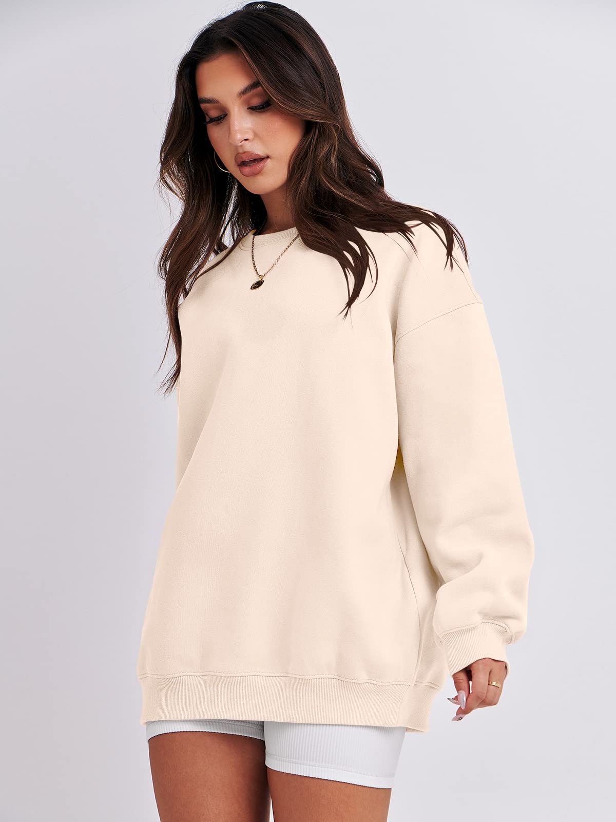 Damskie bluzy oversize bluzy z kapturem polar okrągły dekolt sweter top codzienne jesienne stroje preppy ubrania nastolatki 2024 A1019 światło, Jeden kolor, Apricot_S