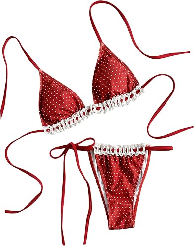 MakeMeChic Women's Polka Dots Lace Bikini Sets Triangle Halter Thong Cute 2 Piec