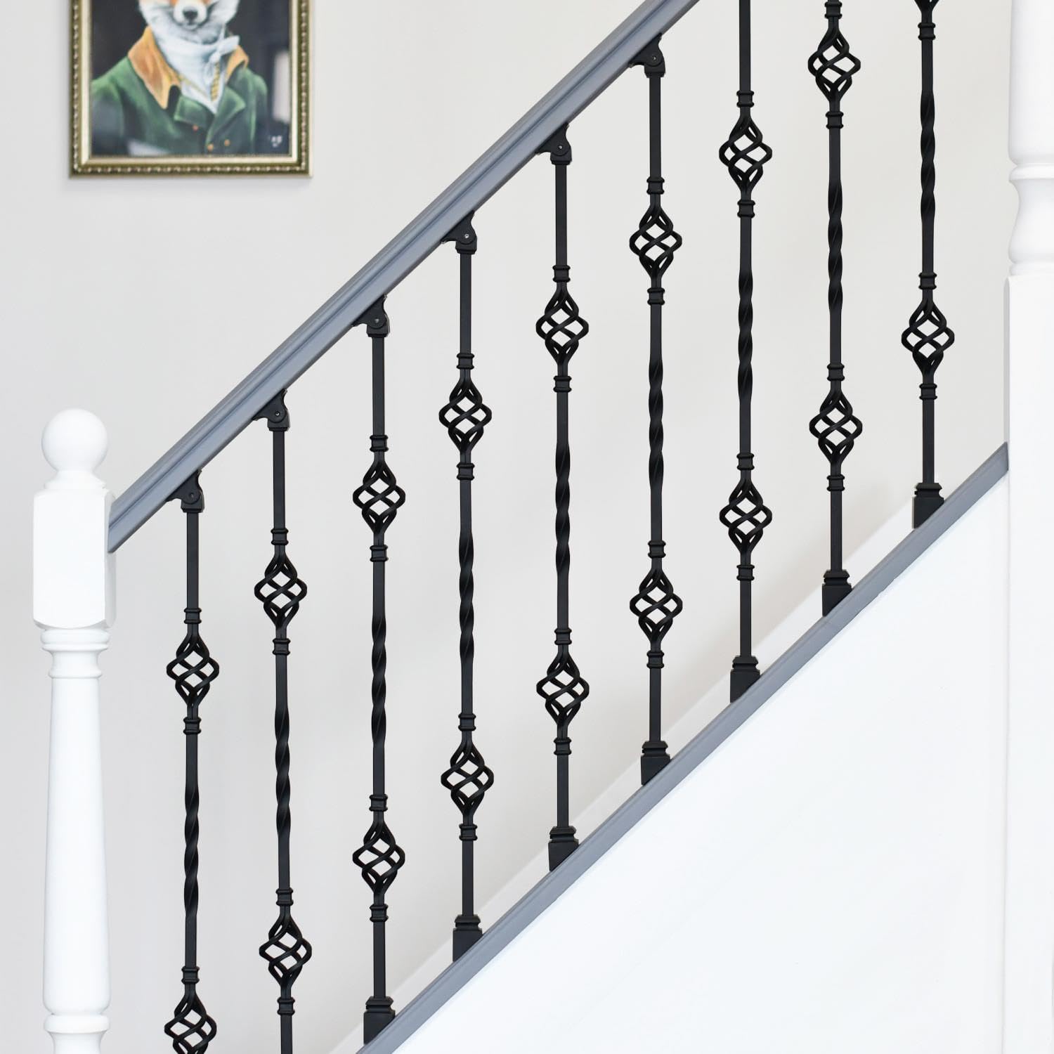 Matte Black "Enfield" Double Basket Stair Spindle - with Embedded Landing Brackets