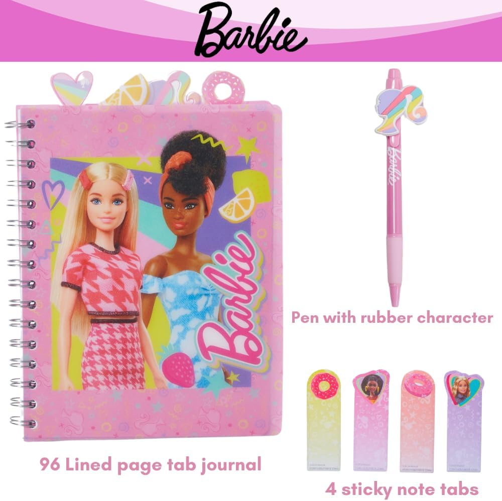Barbie Tab Journal Spiral Notebook, Ballpoint Pen, Sticky Tabs, 96 Lined Pages, Pink
