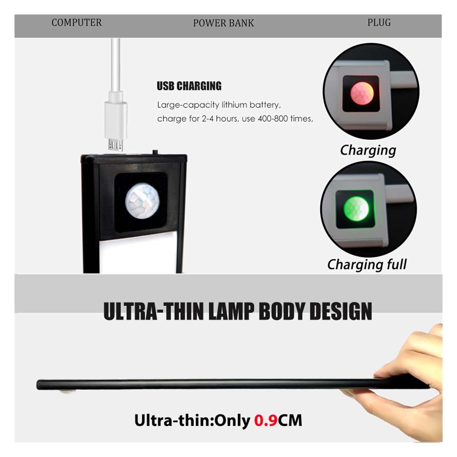 Luci A LED For Cucina Dimmerabili A 3 Colori Con Sensore Di Movimento PIR Termico Lampada A Conchiglia In Alluminio Ricaricabile USB Luce Notturna Rilevatore Di Movimento(Silver,40CM)