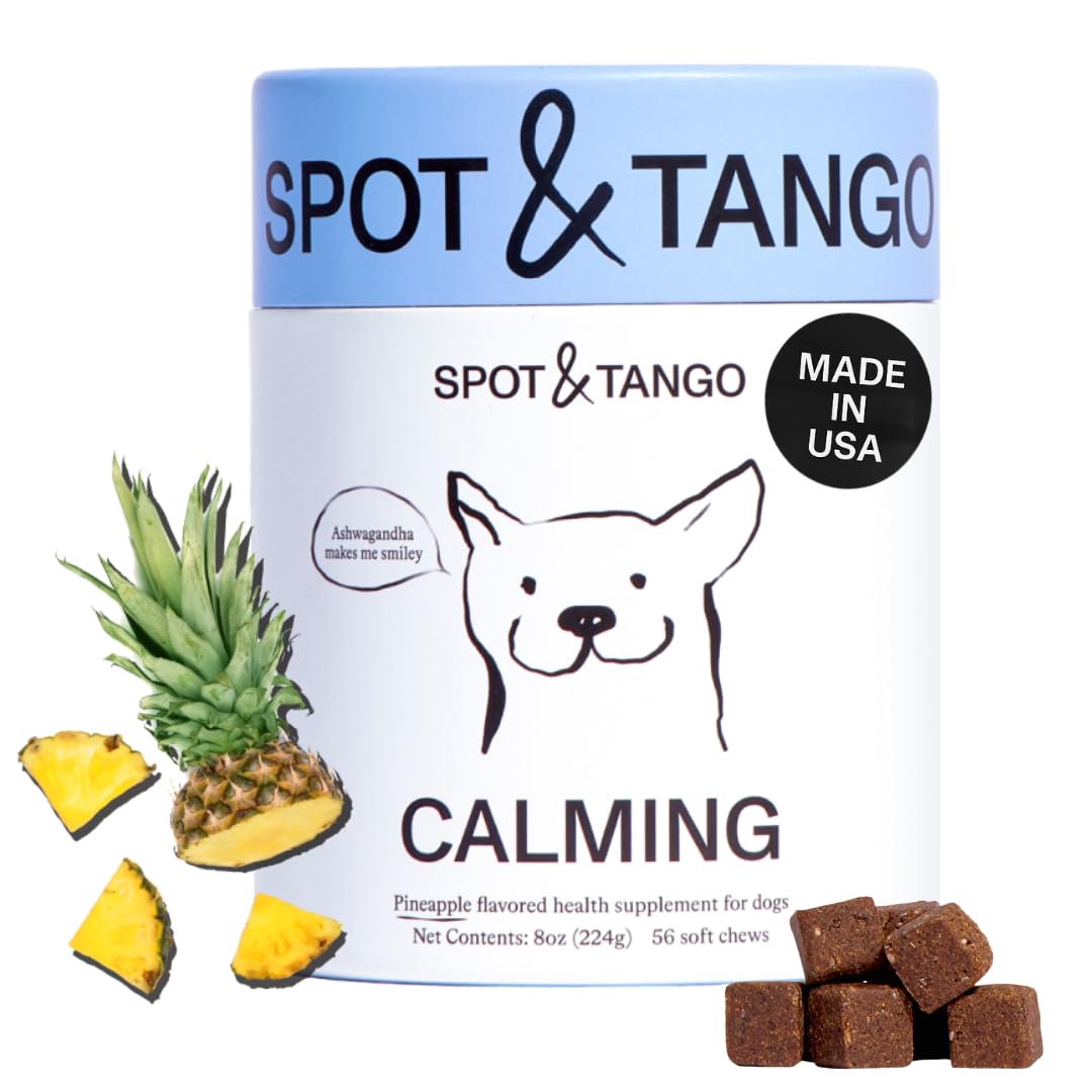 Spot & Tango Calming Supplements for Dogs - Vet-Approved for Anxiety and Stress Relief - L-Theanine, Passionflower, Ashwagandha, Chamomile - Flavored with Real Pineapple, 56 Count