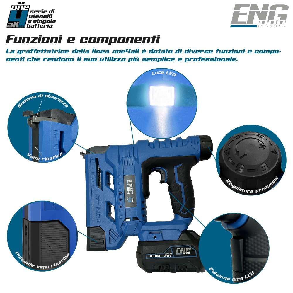 Graffettatrice e Sparachiodi 2-in-1 | Linea Professionale ONE4ALL 20V | 30 Colpi al Minuto, 6 Regolazioni di Pressione | Sicurezza Ergonomica, Luce LED | 2 Batterie 2.0 Ah
