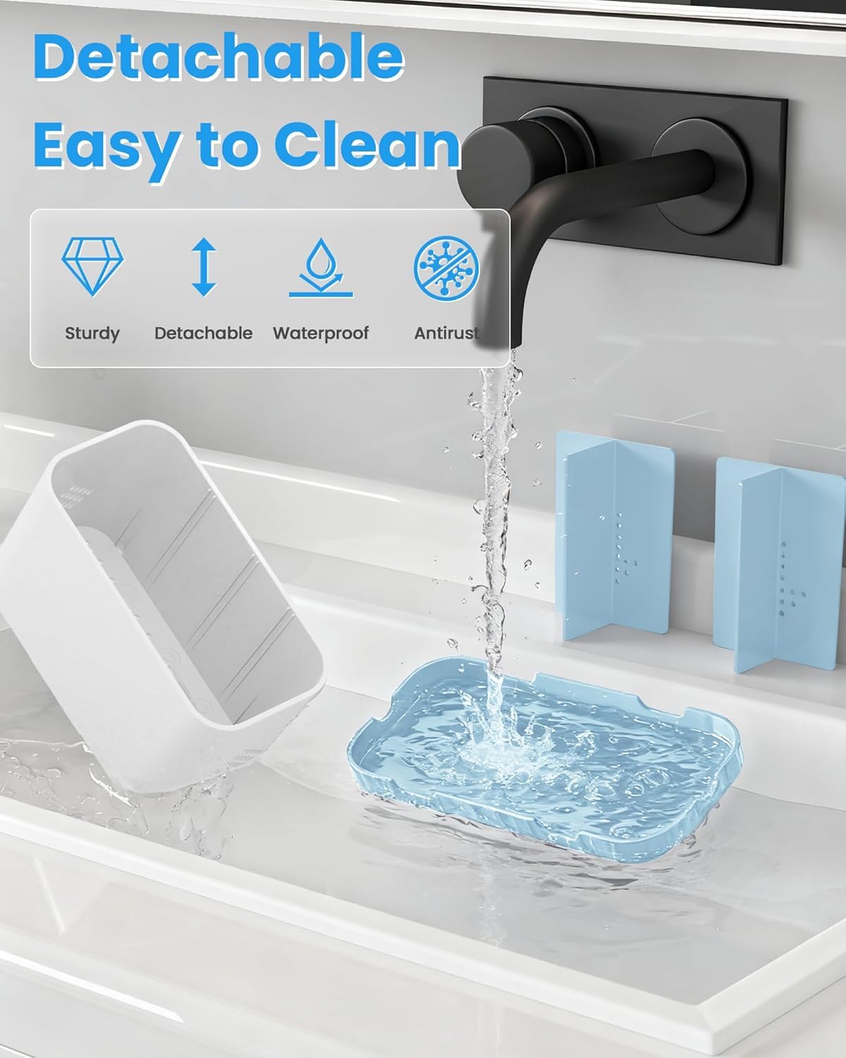 5 Slots Detachable Toothbrush Holder Set - for Bathroom Countertop, White and Blue - Image 4