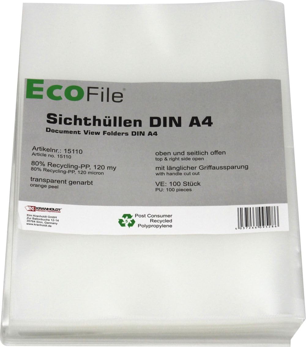 Sichthüllen Aktenhüllen A4 nachhaltig aus Post-Consumer-Recycling PP, oben und seitlich offen (100, 120my - Transparent genarbt)