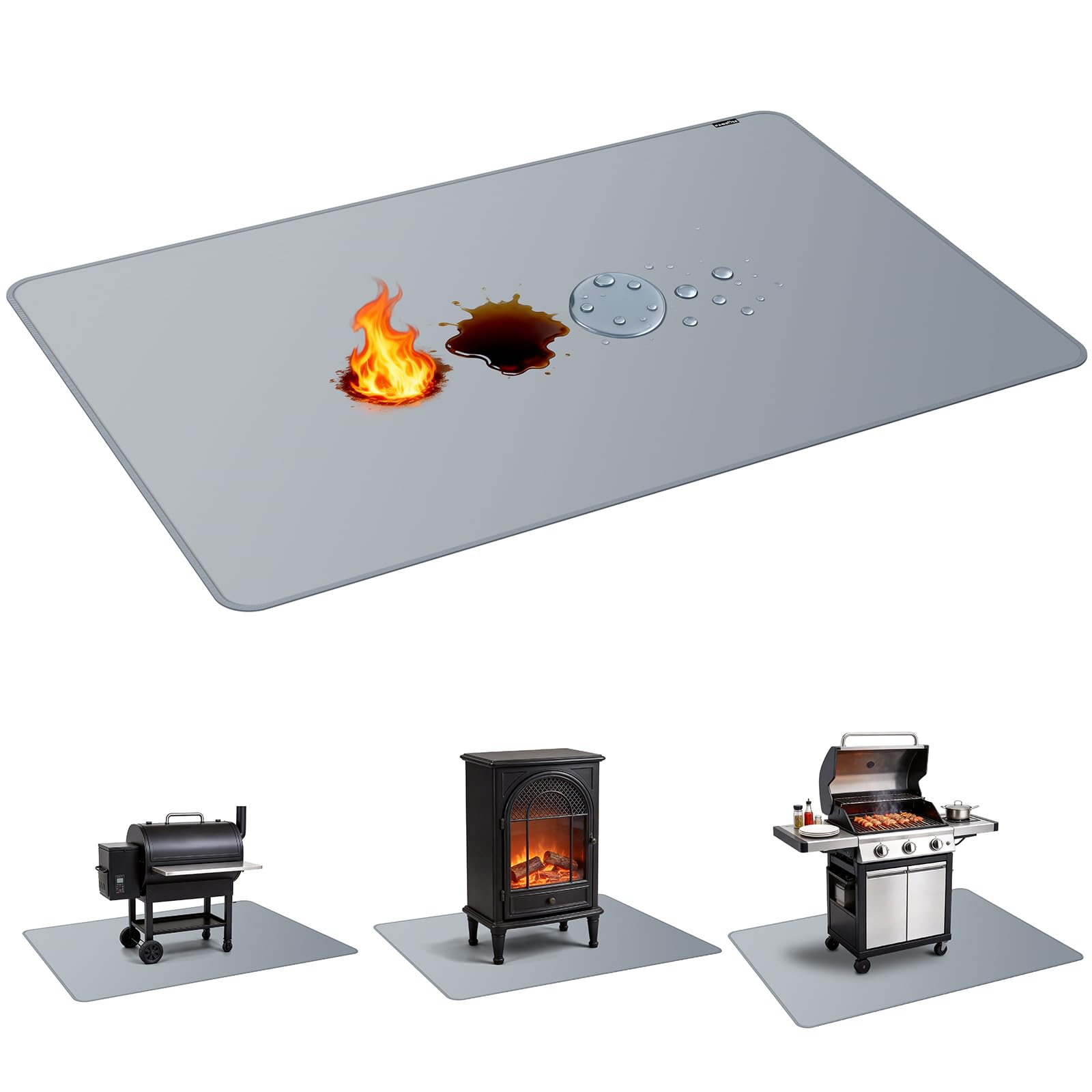 PAWBOSE 100 x 150 cm Grillunterlage für Außengrills, doppelseitige feuerfeste Grillunterlage, wasserdichte, ölbeständige Feuerstellenunterlage und Schutzunterlage für Innenkamine
