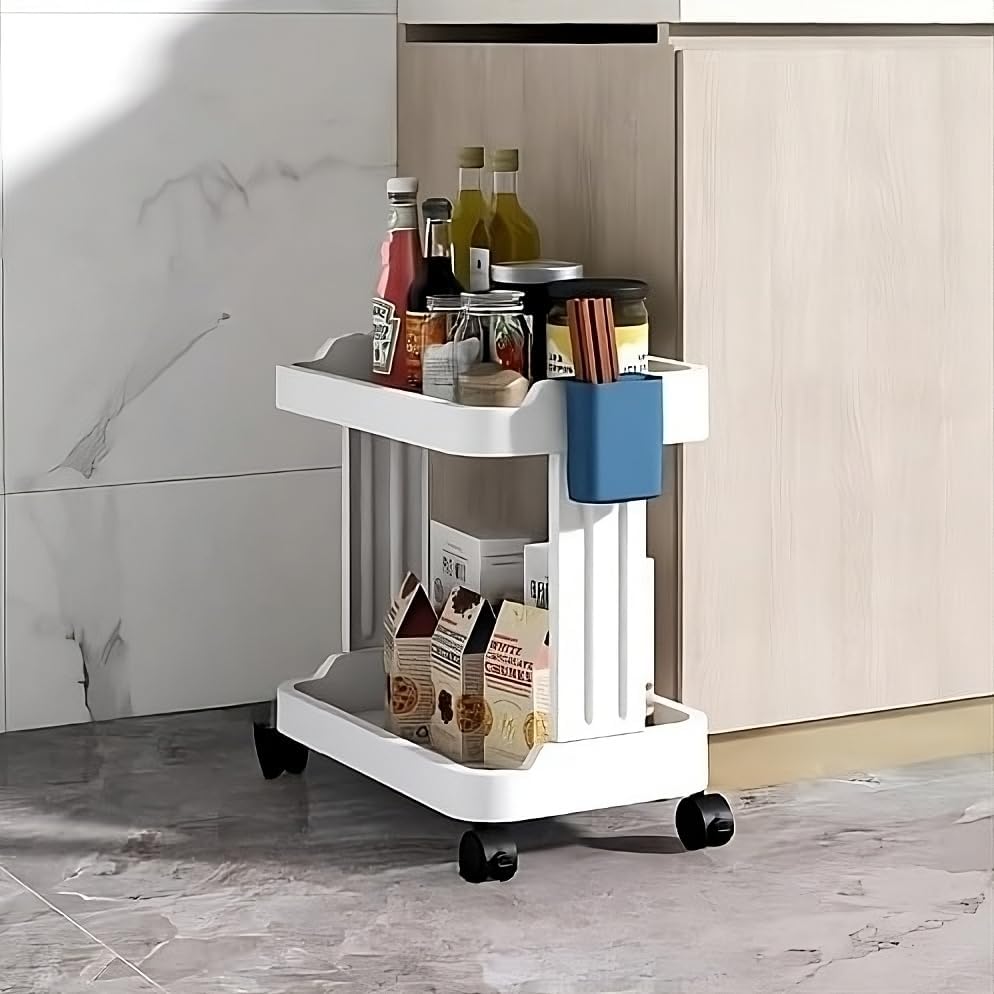 Folding Storage Rack 3 Layer Abs Multi Color Kitchen with Wheels Space Saving Slide Out Utility Organizer Rack Shelves for Kitchen Bedroom, Office, Garage, Shops, Salon (1Pcs) (2 Layer)