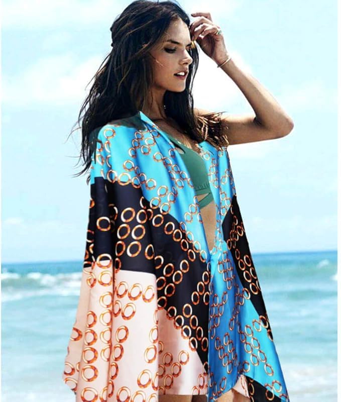 Image of Alexvyan Satin Silk Summer Scarves 170 x 84 cm, Blue & Beige Circle Pattern with Stitched Border, Lightweight Fashion Scarf for Women Sun Protection Stole.