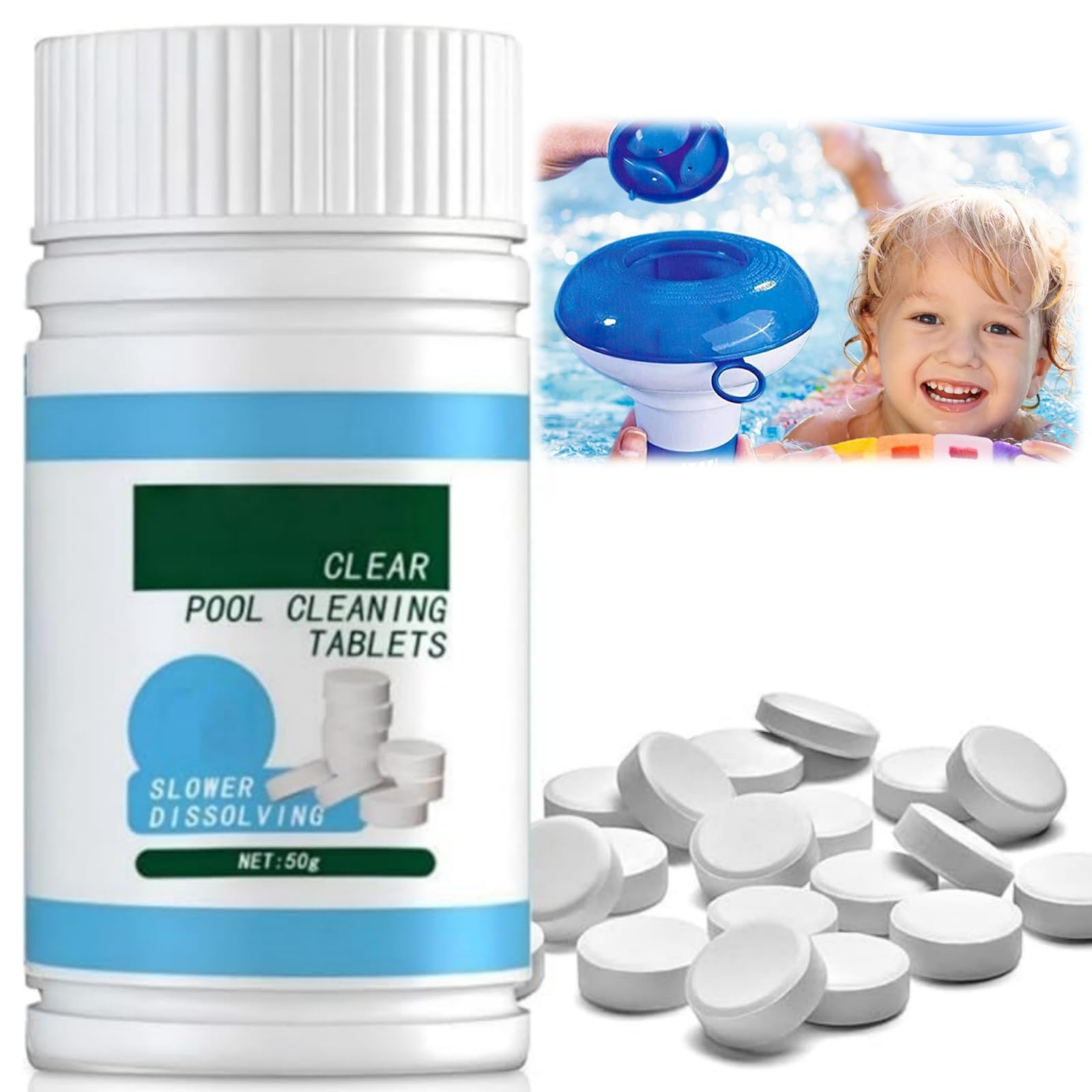 100PCS Chlorine Tablets For Swimming Pool,Hot Tub Chlorine Tablets,Multi Function Chlo-Rine Tab-Lets,Pool Cleaning Tabl-Ets,Prevent The Water From Turning Green,Fast Deodorisation,Skin-Friendly