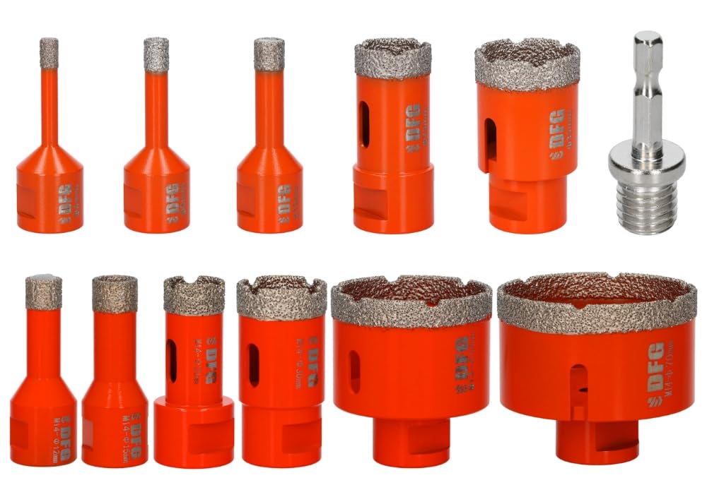 Zestaw 11 otwornic diamentowych 6-68 mm do szkła, gresu i płytek ceramicznych, mocowanie M14, wiercenie na sucho + adapter
