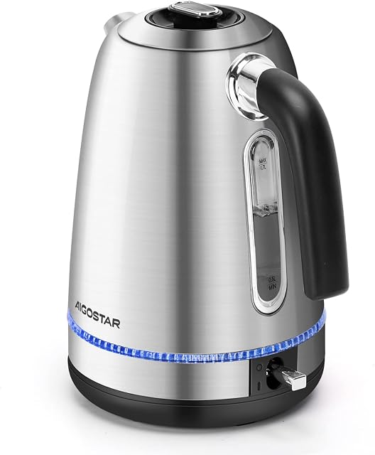 Aigostar Electric Kettle Stainless Steel, 3000W Fast Boil Illuminating Kettle, British Otter Thermostat, 1.7L BPA Free Filter Kettle with 360 Degree Base - Frey 30A0O