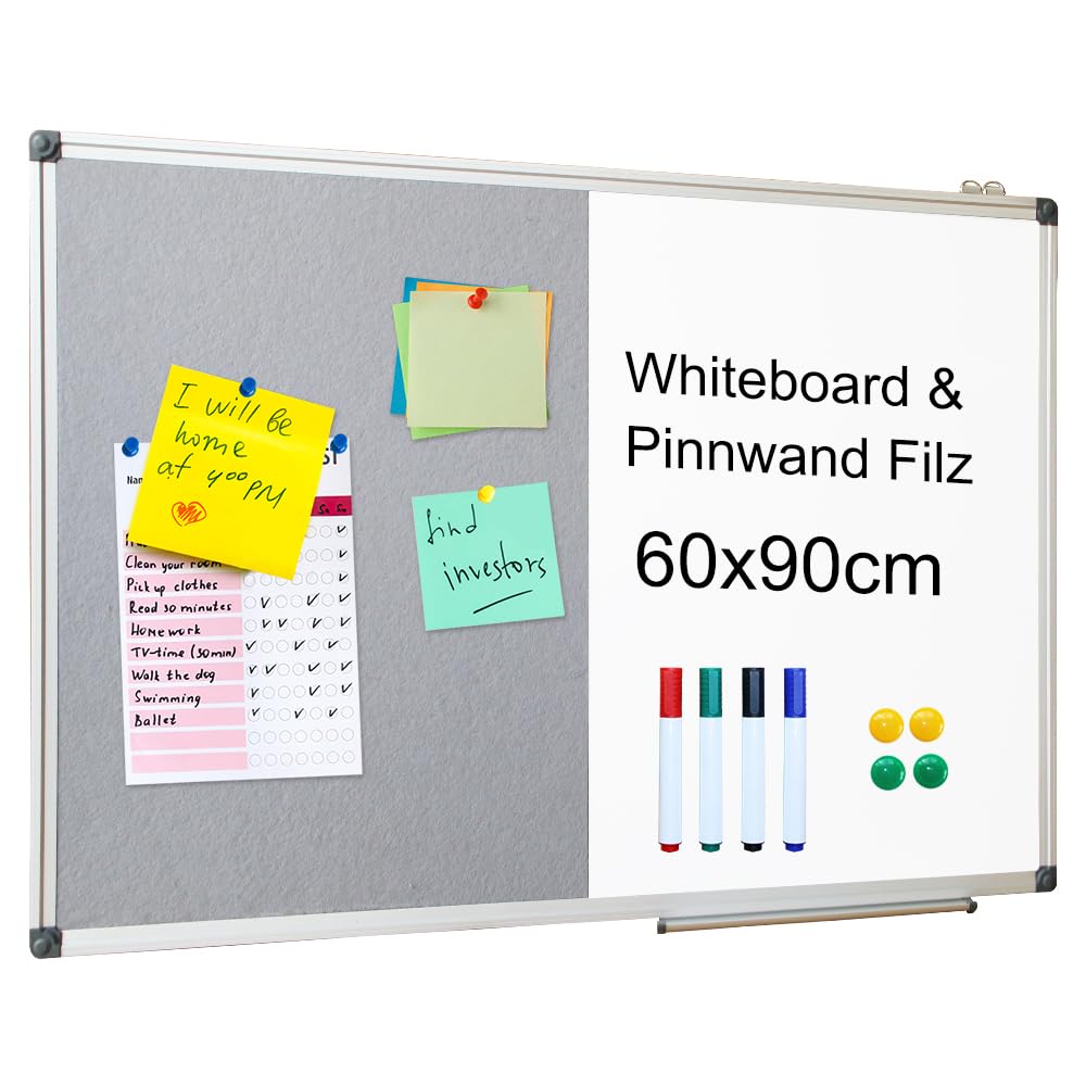 XIWODE Whiteboard Magnetisch & Pinnwand Filz - 2in1 Kombitafel: Magnettafel 90x60, Weiße Abwischbare Magnetwand, Graue Filzwand inkl. Zubehör zum Aufhängen an der Wand für Zuhause, Büro, Schule
