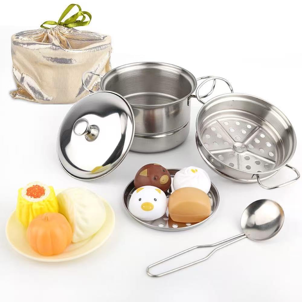 ZPZGOG Toy Pots and Pans Set,14 PCS Kitchen Toy Children Pots Pans Pretend Play Simulated Kitchen Toy Stainless Steel Soup Pot Pan Spoon Simulation Snacks Children Chef Role Playset Cooking Set