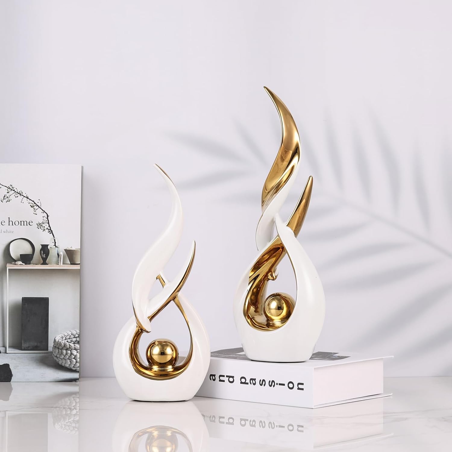 2 PCS White Gold Ceramic Statues For Home Decor Accents, Modern Abstract Art Sculptures, Elegant Tabletop Decorative Objects For Dining Room, Entryway, Tv Stand, Mantel, Coffee Table Centerpieces - Image 4