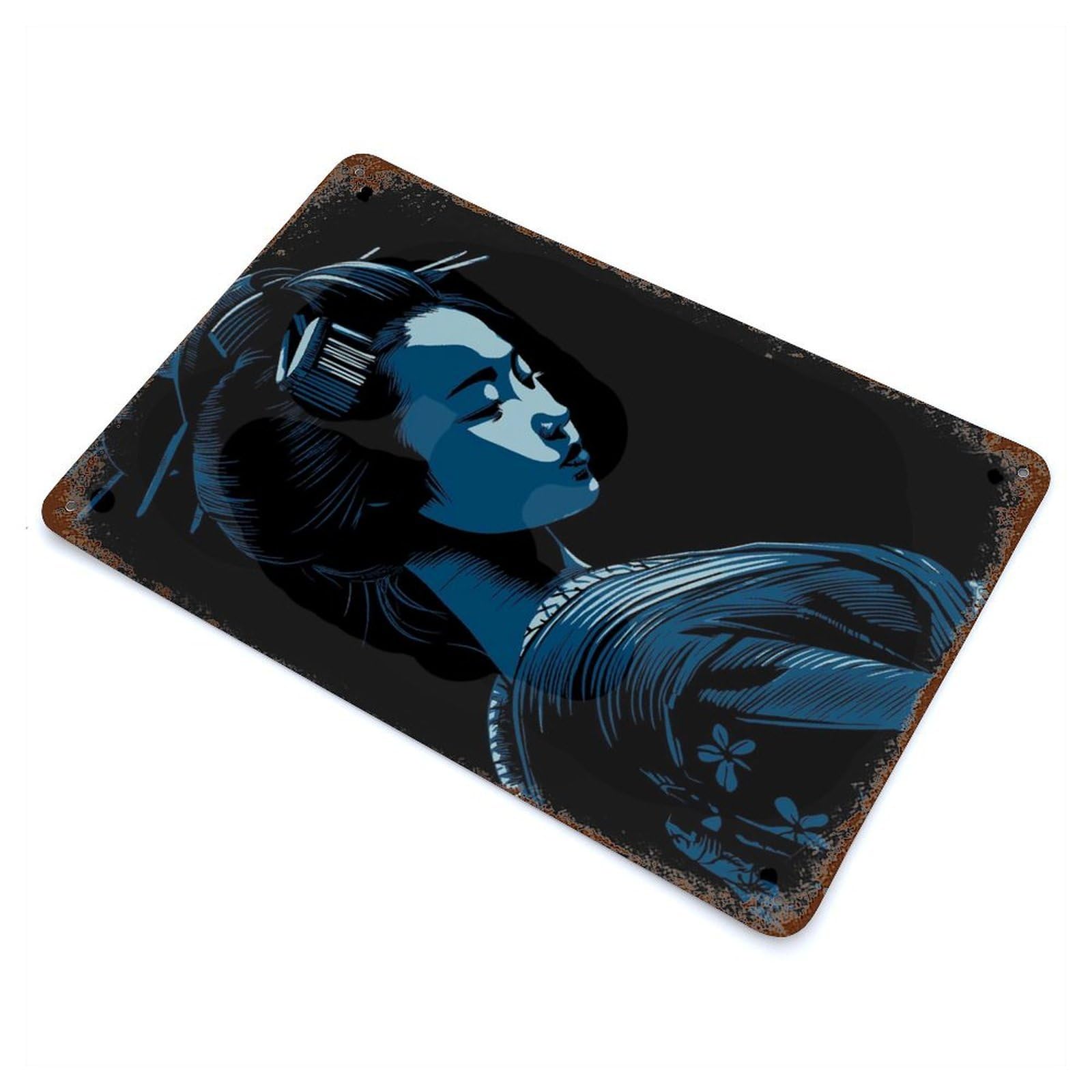 Distressed Metal Wall Sign Blue Geisha Portrait 11.8"x7.9", Vintage Wall Decor for Cafe, Home Bar And Lounge Decor