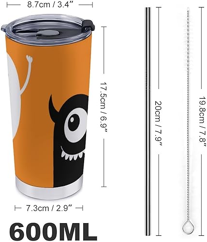Miniatura 3 de Vaso de viaje de 20 onzas con tapa y pajitas con diseño de murciélago y cara de monstruo con aislamiento de acero inoxidable con cepillo de