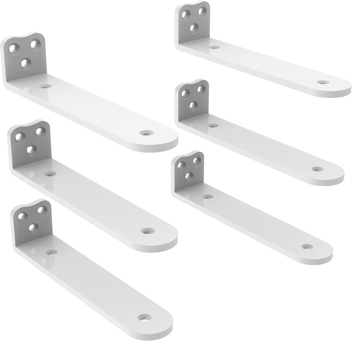 Eurydice Heavy Duty Floating Shelf Brackets, 1/4 inch Thick L Bracket, (12 In 6 Pack White), Holds 200 lb, Rounded Arc Edge, One-Piece, 3 Hole Mounting For Wood Shelves in Kitchen, Garage, Office, DIY