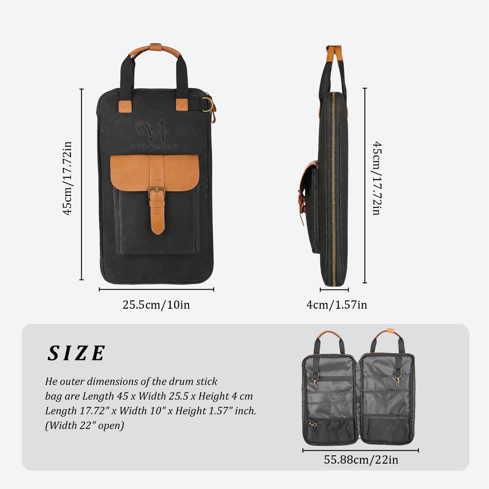 Bolsa para baquetas de batería de lona encerada con asas y correa de hombro desmontable, funda de percusión para bateristas y principiantes (VUK-YLGBB-BLK02 - Negro)