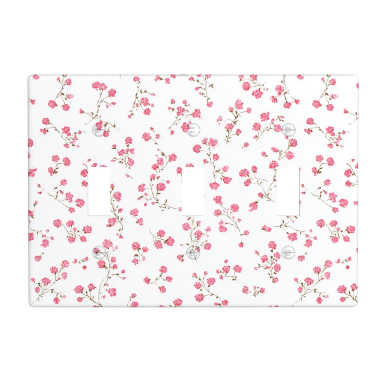 Woshuwo White Delicate Pattern Of Small Pink Roses Light Switch Covers 3 Gang Triple Toggle Wall Plate Switchplate Electrical Faceplate For Bathroom Kitchen Bedroom Decor