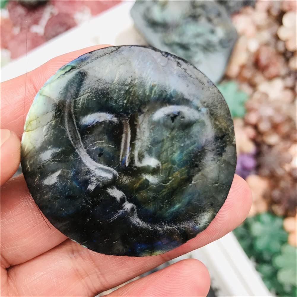 Rohkristall 5cm Natürliche Blaue Glitter Labradorite Heilung Kristall Edelstein Pendel Hand Geschnitzte Sonne und Mond Gesicht Handwerk