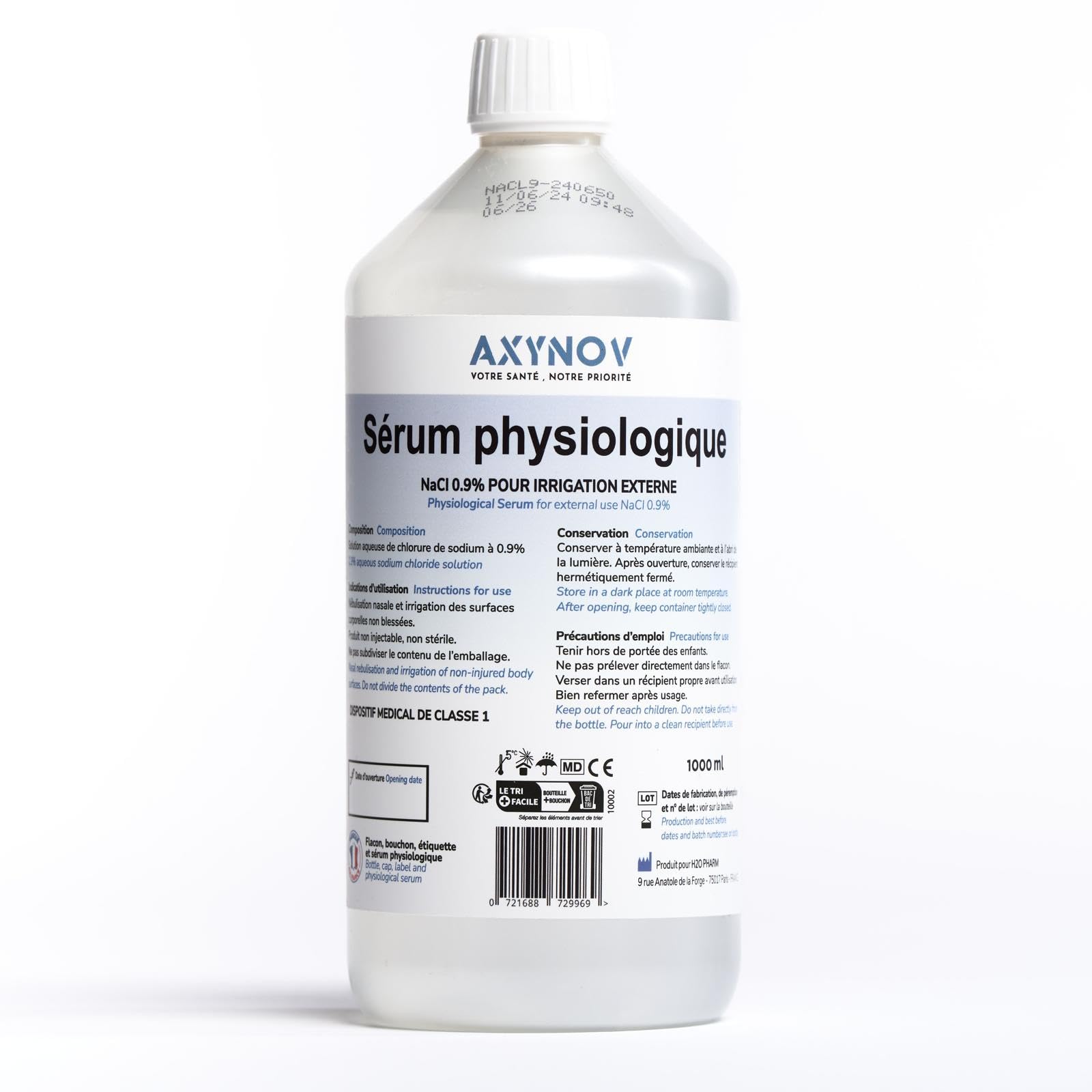 NaCl 0.9 1 Liter, isotonische physiologische Kochsalzlösung Nasenfrei Baby Nase Wundreinigung Saline Solution Lösung für die Nasen Augen AXYNOV