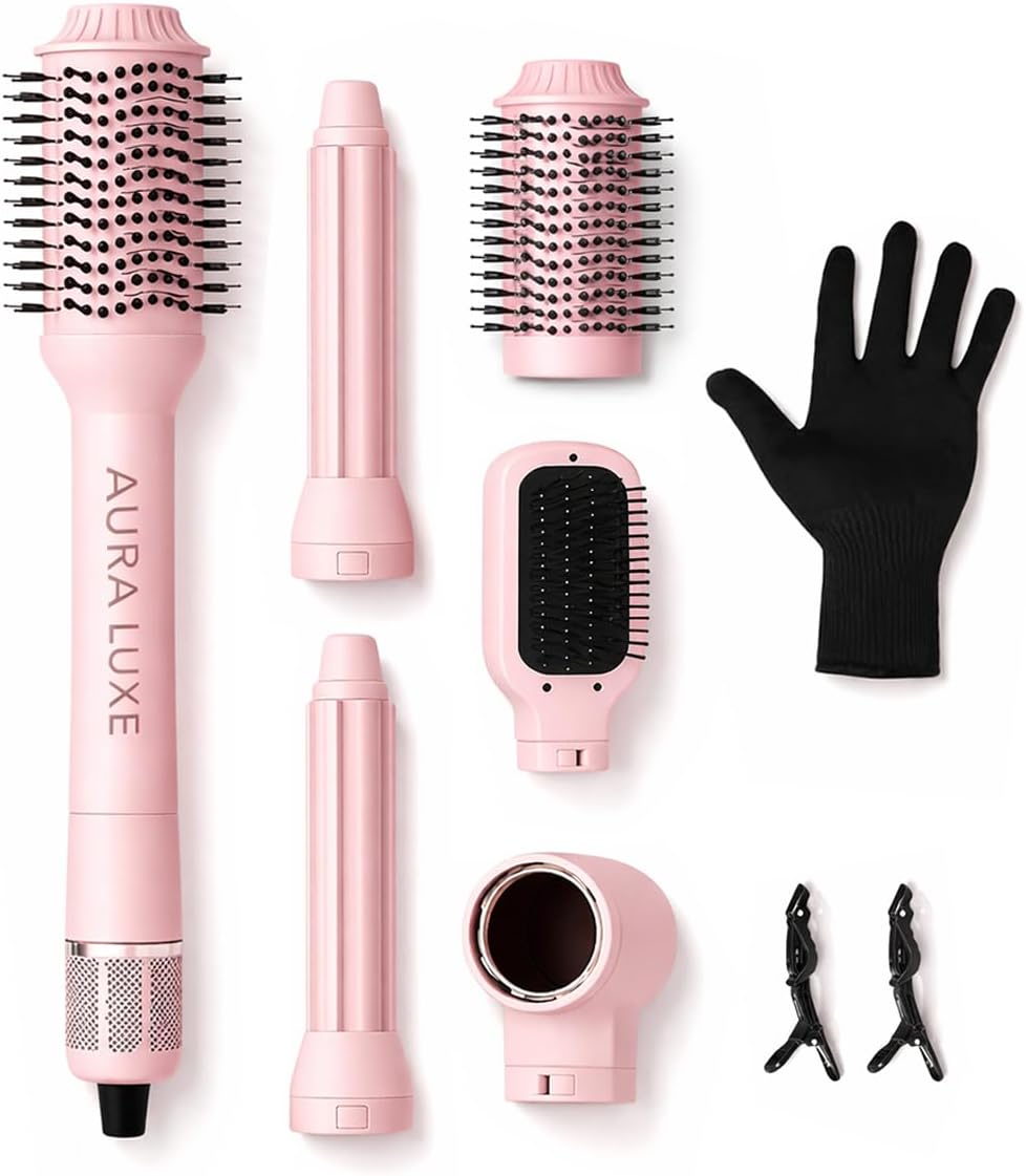 5-in-1 Blow Dryer Brush Set Pink, Ionic Hot Air Brush with Ceramic Tourmaline Metal Curling Barrels, Volumizer Straightener Hair Dryer for All Hair Types Travel Friendly — Aura Luxe