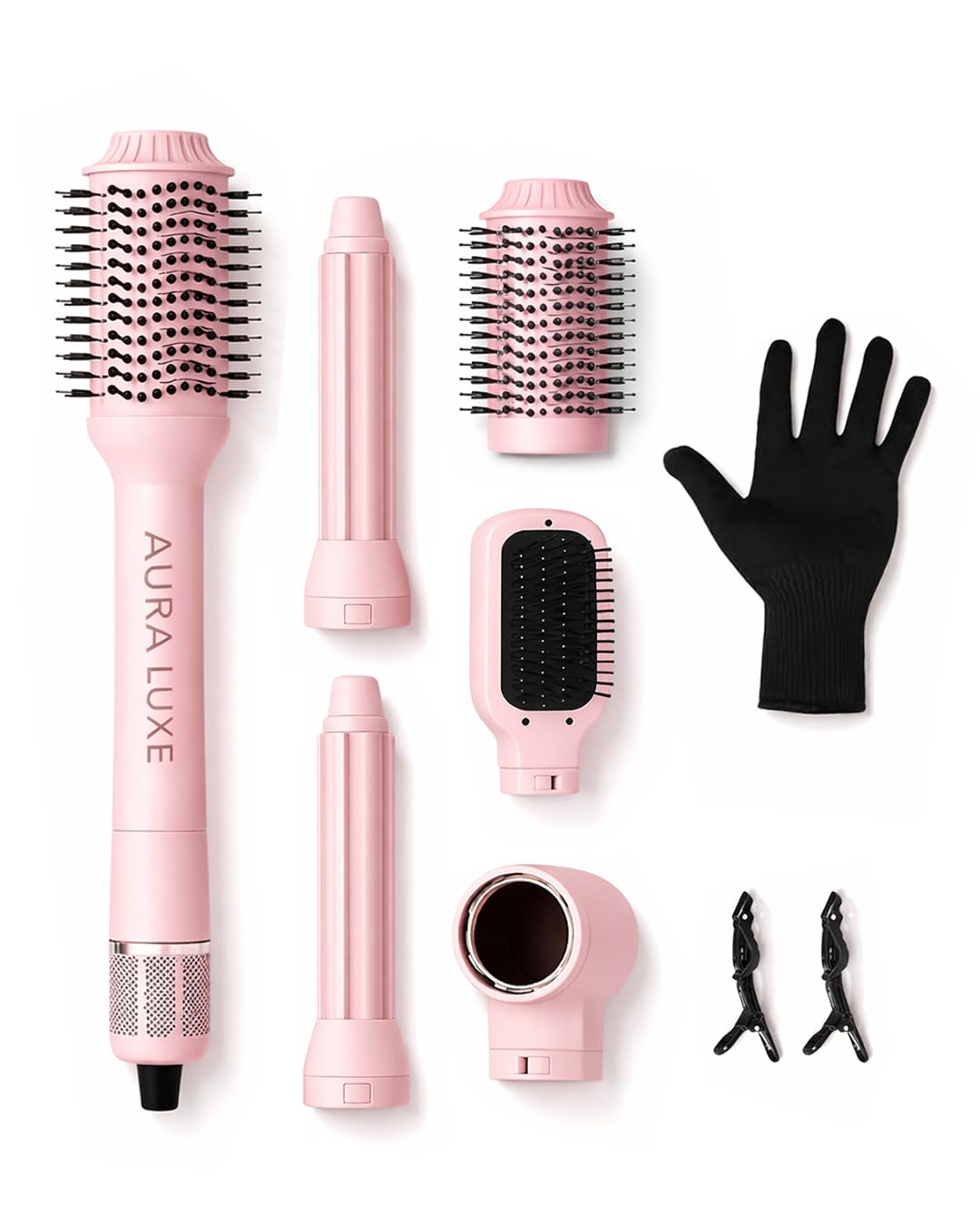 5-in-1 Blow Dryer Brush Set Pink, Ionic Hot Air Brush with Ceramic Tourmaline Metal Curling Barrels, Volumizer Straightener Hair Dryer for All Hair Types Travel Friendly — Aura Luxe