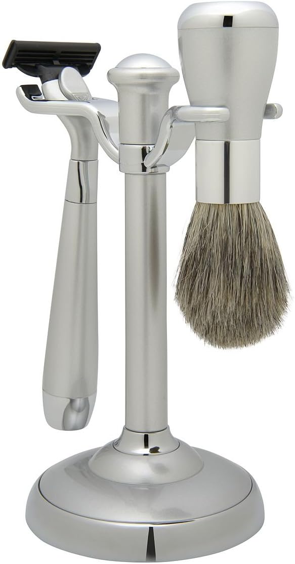Silver Badger Shaving Brush Set w/Mach 3 Razor Stand
