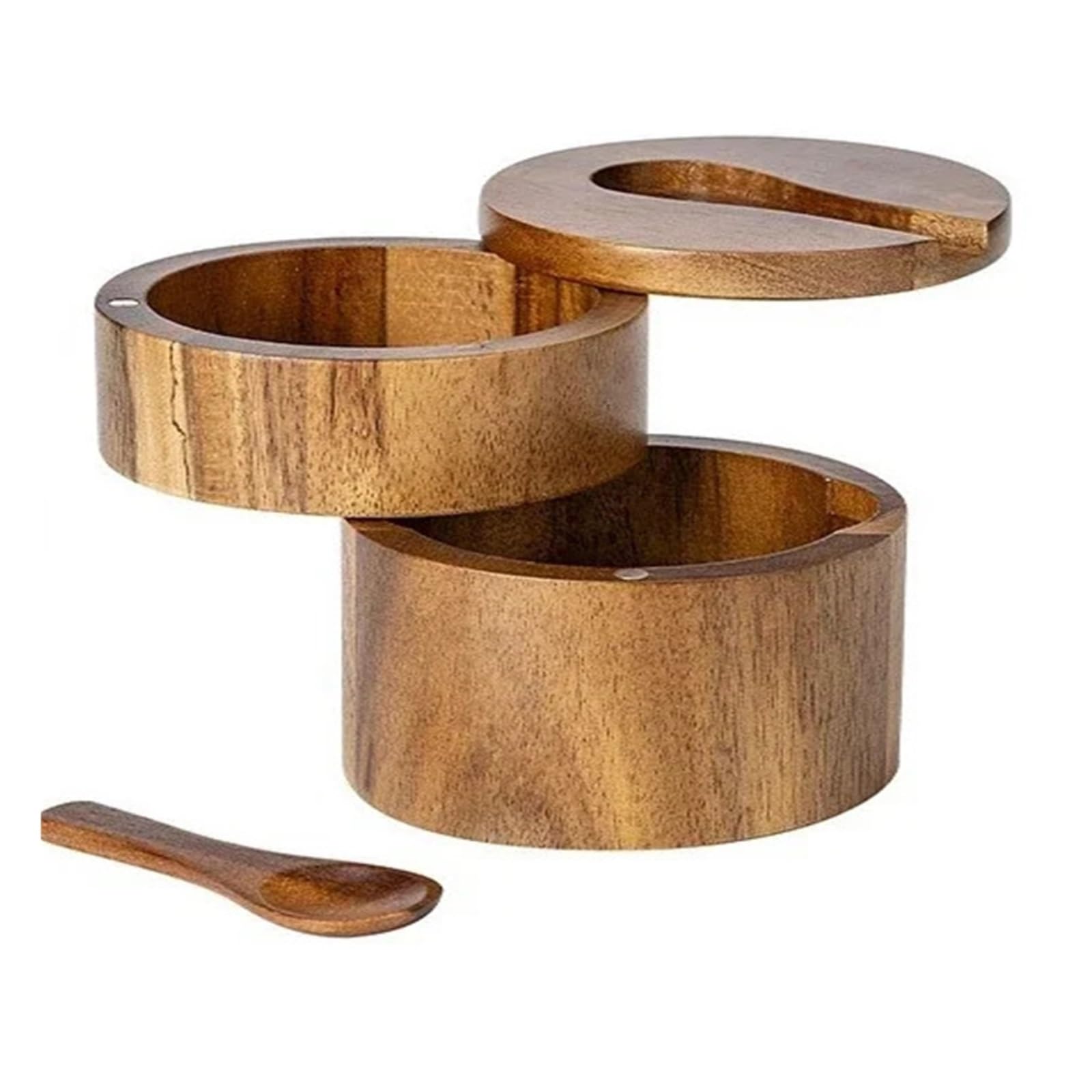 LuoAXINN Wooden Salt Cellar Acacia Wood Salt Shaker Seasoning Box Pepper with Rotating Lid Kitchen Storage Spice Jar(2 Layer)