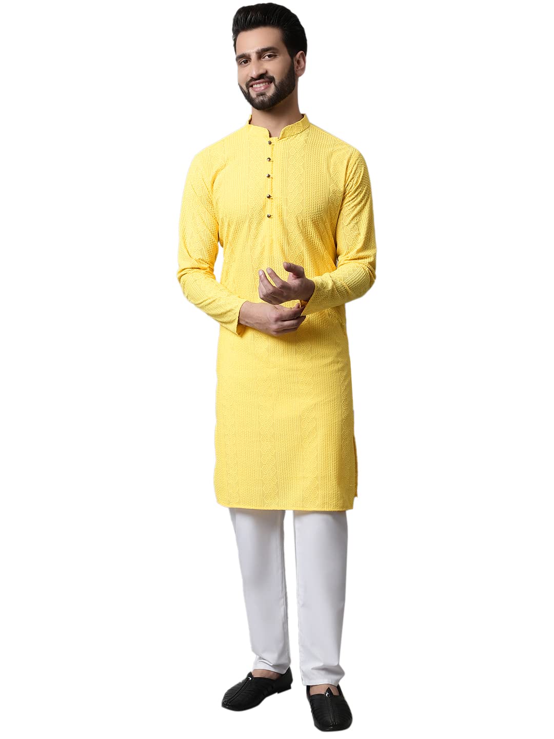 Jompers Men Lemon Embroidered Pure Cotton Kurta With Pyjamas (Lemon, L)