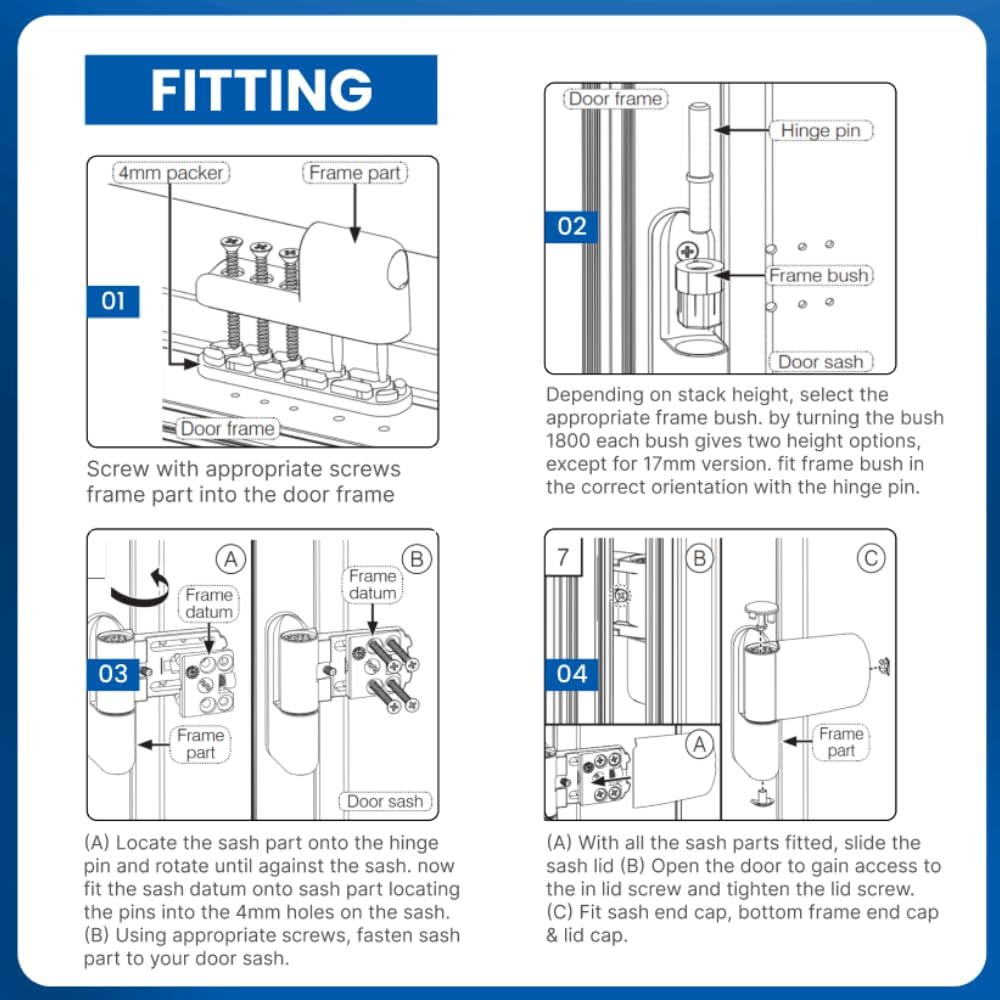 Bisagra tipo bandera Fixrello para puerta de PVC - Se adapta a puertas para diestros y zurdos - 4 casquillos variables y empacador opcional, incl. - Bisagra de puerta resistente de 100 mm (3,