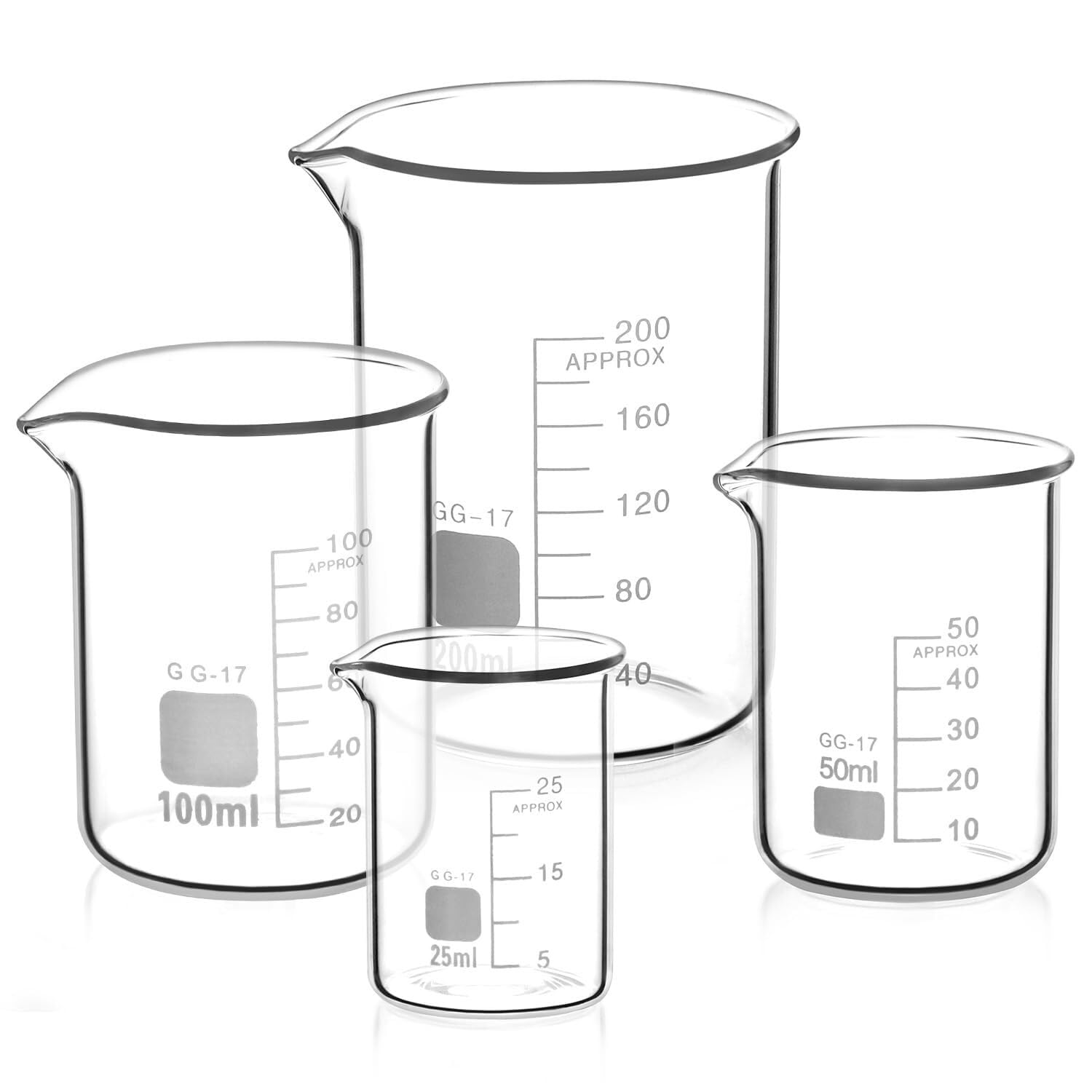 Set 4 Béchers in Vetro Borosilicato Graduati 25ml 50ml 100ml 200ml per Laboratorio, Cucina e Esperimenti Scientifici