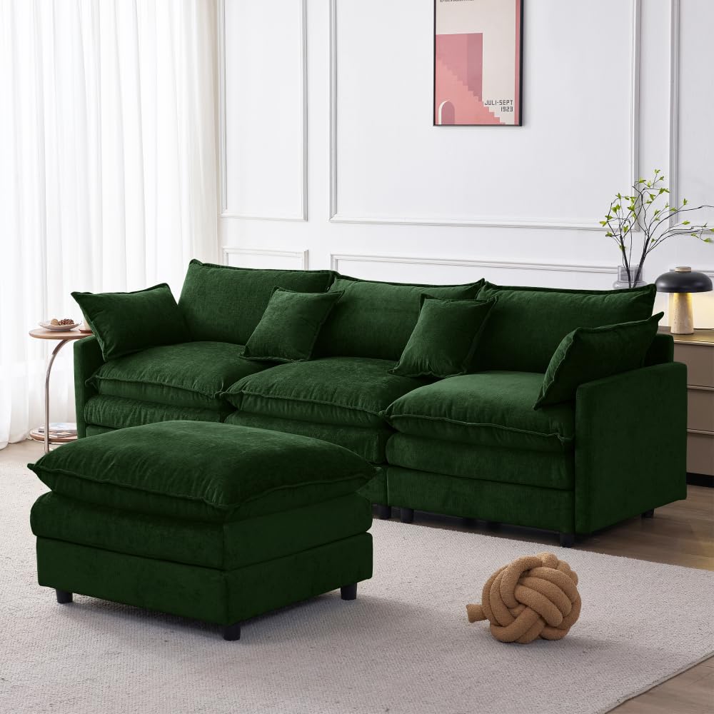 I0I&I0I Modulares Ecksofa 3 Sitzer Chaiselongue Hocker Chenille L Sofa Bequem Für Wohnzimmer Kleine Wohnungen Lounge (Green + Chenille + 3 Seat)