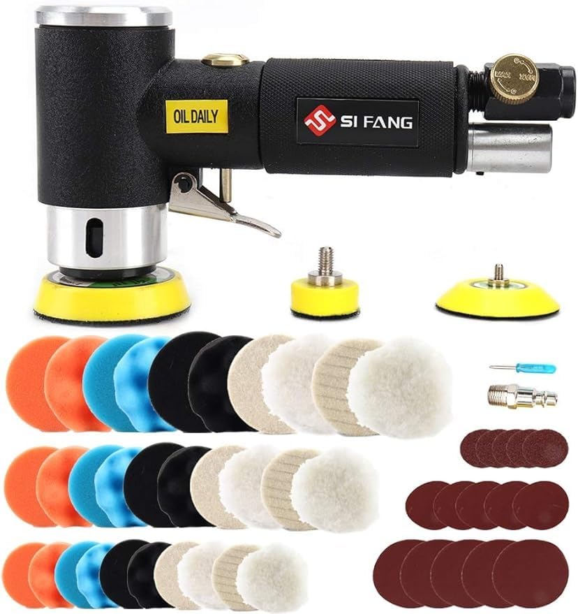 SI FANG Mini lucidatrice orbitale ad aria compressa, 25/50/75 mm, con 60 pezzi di carta vetrata,...