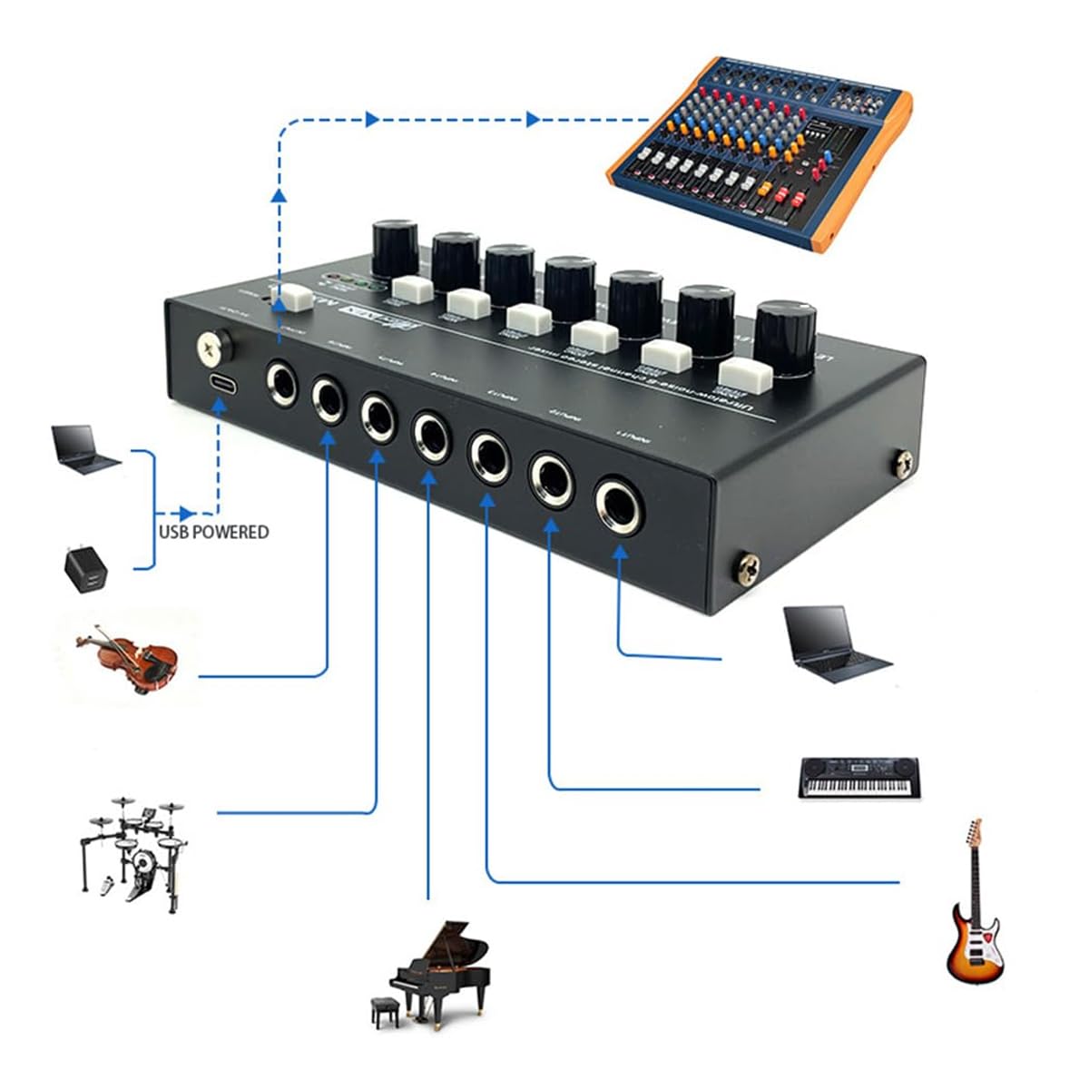 Qury MX600 - Mezclador de línea de 6 canales de ruido ultra bajo estéreo/interruptor de pista única, preamplificador de sonido