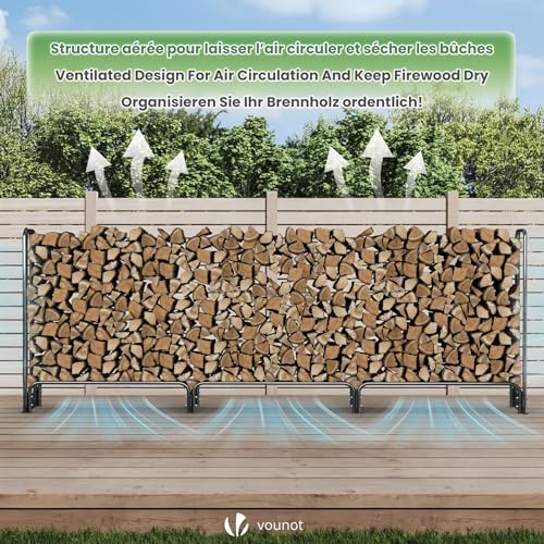 VOUNOT Kaminholzregal Aussen Metall, Brennholzregal Außen, Feuerholzregal Outdoor mit wasserdichte Abdeckung, 300 x 116 x 26 cm, Schwarz