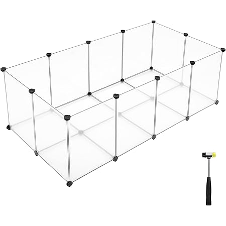 SONGMICS Pet Playpen, Small Animal Playpen with Bottom, DIY Fence Cage for Guinea Pigs, Hamsters, Ferret, Rabbits, 20 Transparent Panels, with Rubber Mallet, White ULPC02W