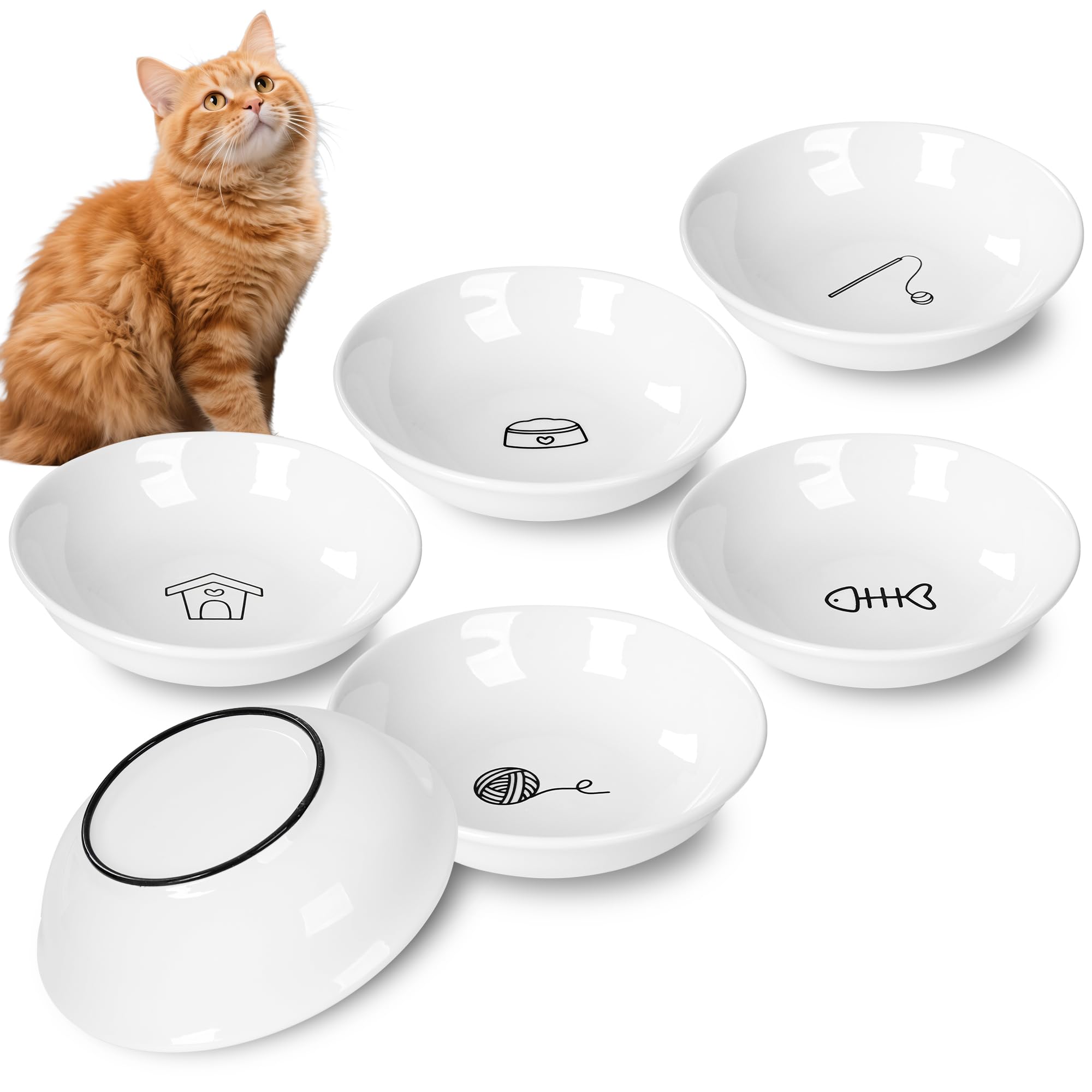6 Pack Ceramic Cat Bowls, Shallow Cat Food Bowls Set with Non-Slip Silicone Base, Dishwasher Safe Small Pet Bowls for Cats & Kittens (Classic cat