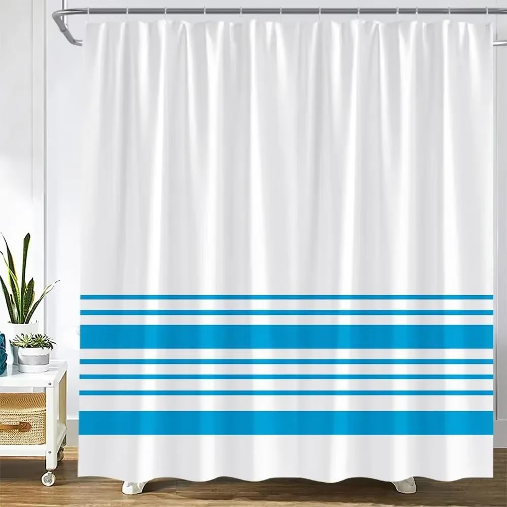 KELAIMI Simple Striped Print Shower Curtain - Modern Geometric Horizontal Stripe Bathroom Curtain with Hooks - Boho Line Bath Curtain with Hooks Blue 180X210Cm