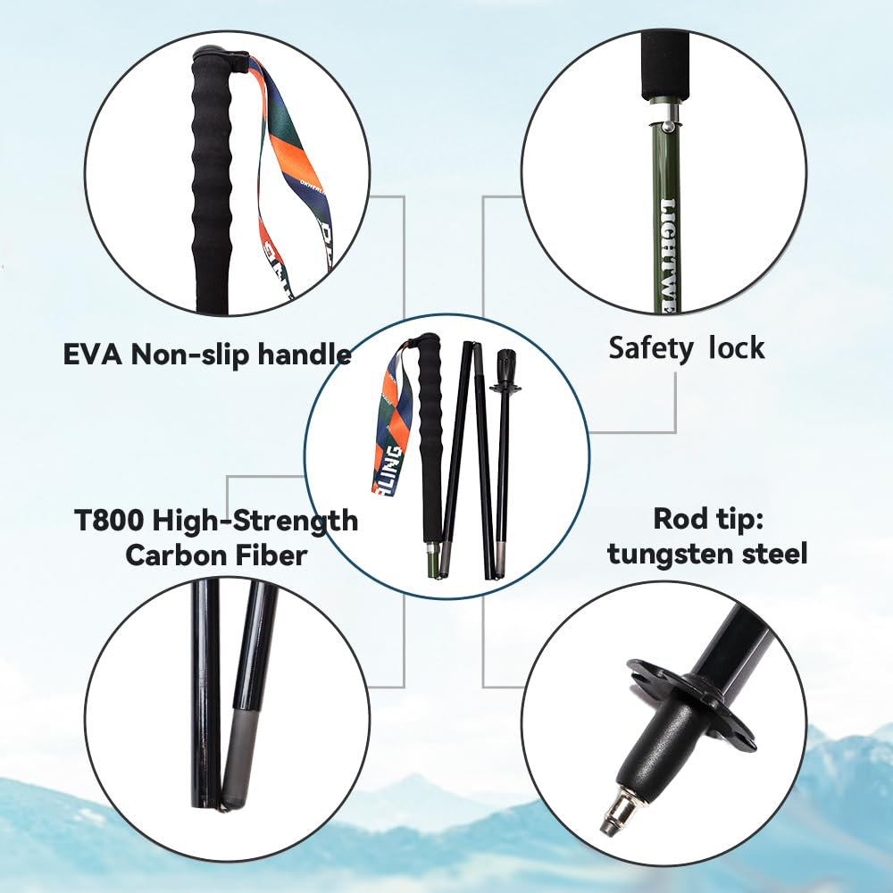 Bastones de senderismo plegables de fibra de carbono ultraligeros – Juego de 2 con mango antihumedad y funda – Ideal para senderismo, montaña y camino