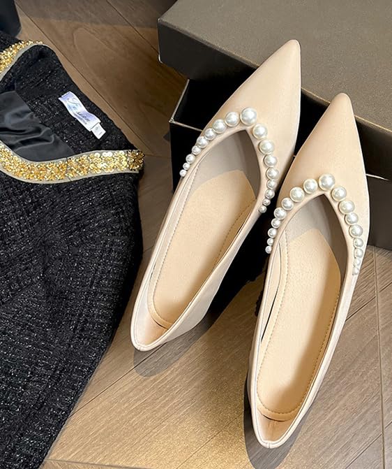 Women's Pearl Decoration Pointed Toe Satin Flats Invisible Height Increasing Slip On Low Chunky Heel Comfortable Soft Memory Foam Insole Dress Shoes4