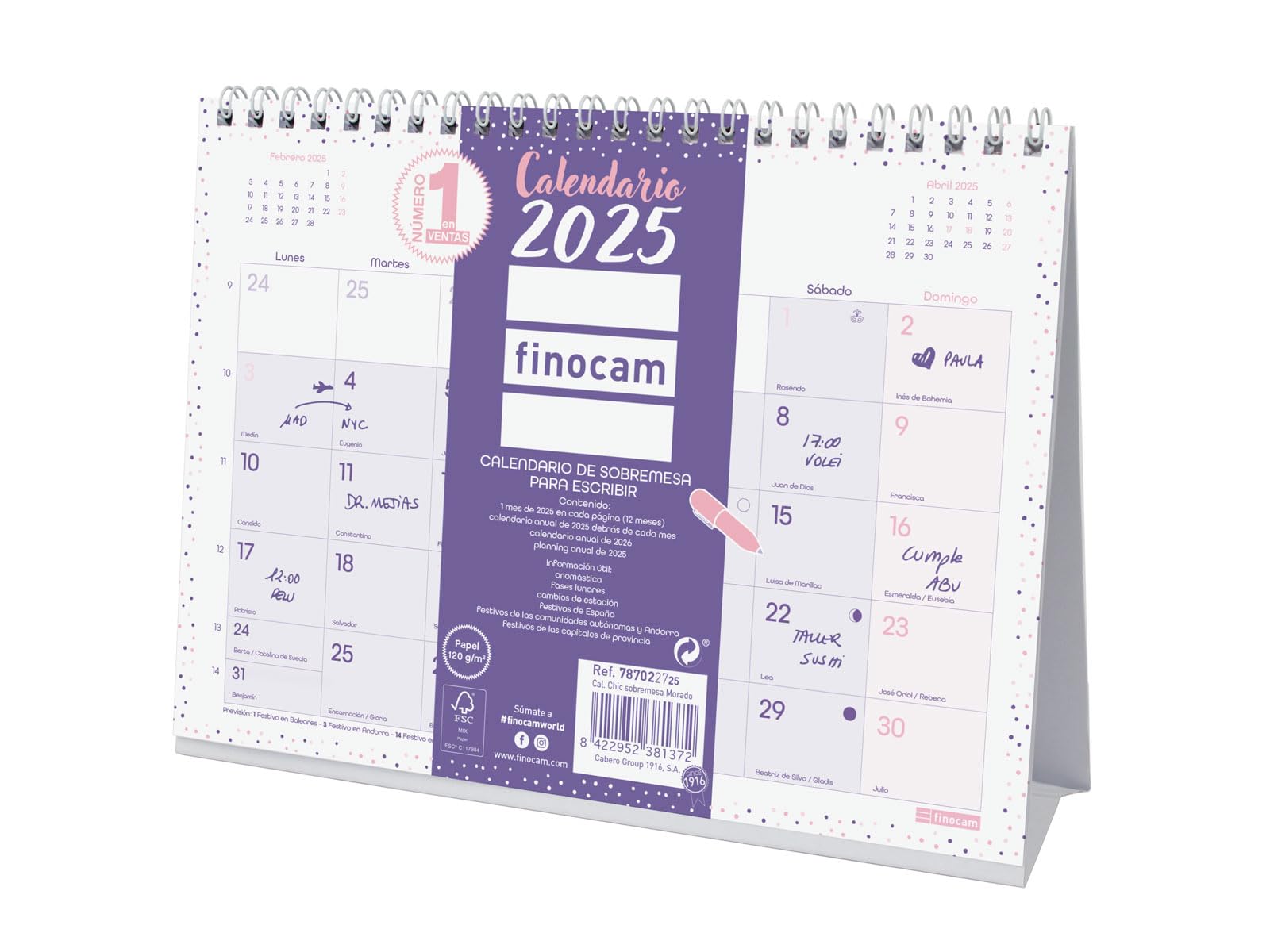 Finocam - Chic Desktop Calendar to Write 2025 Month View January 2025 - December 2025 (12 months) Chic Purple Spanish
